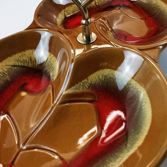 Divided Ceramic Double Leaf Shape Dish with Handle 70s Made in Japan - Picture 5 of 11